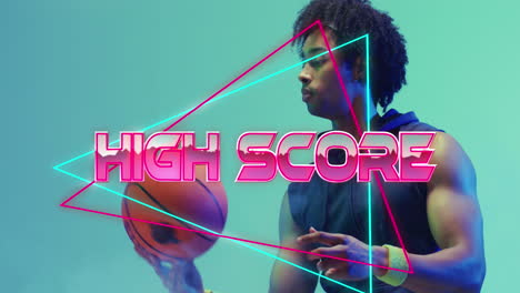 animación del texto de puntaje alto sobre el patrón de neón y el jugador de baloncesto biracial