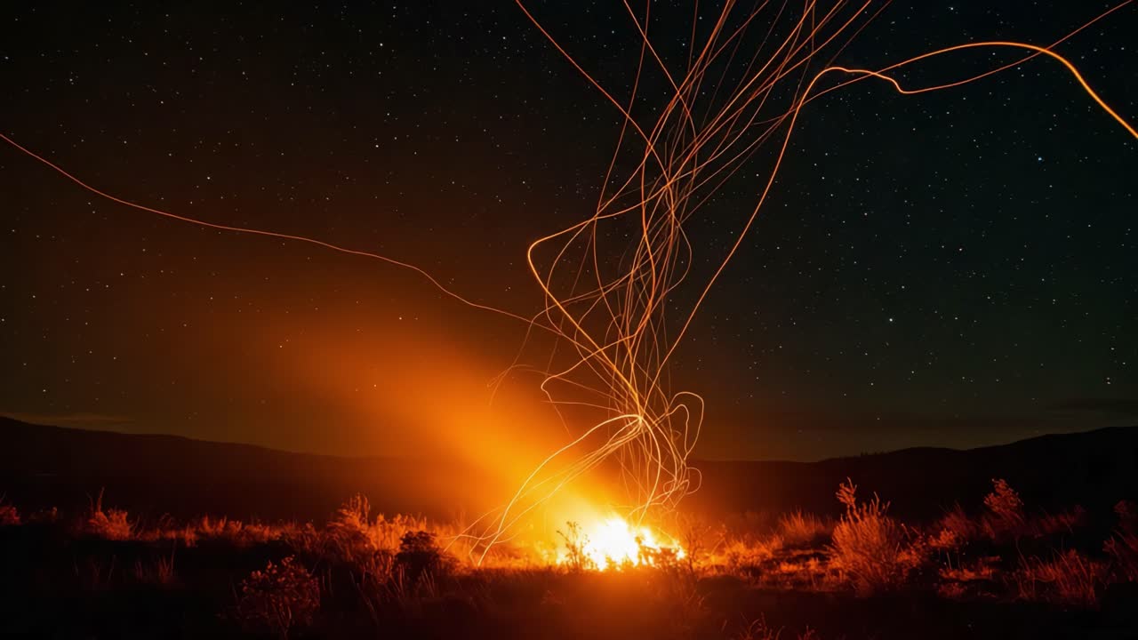 A Captivating Display of a Nighttime Campfire: Witness the Dance of Sparks and Star Trails Illuminating the Dark Sky with Vibrant Colors and Energy
