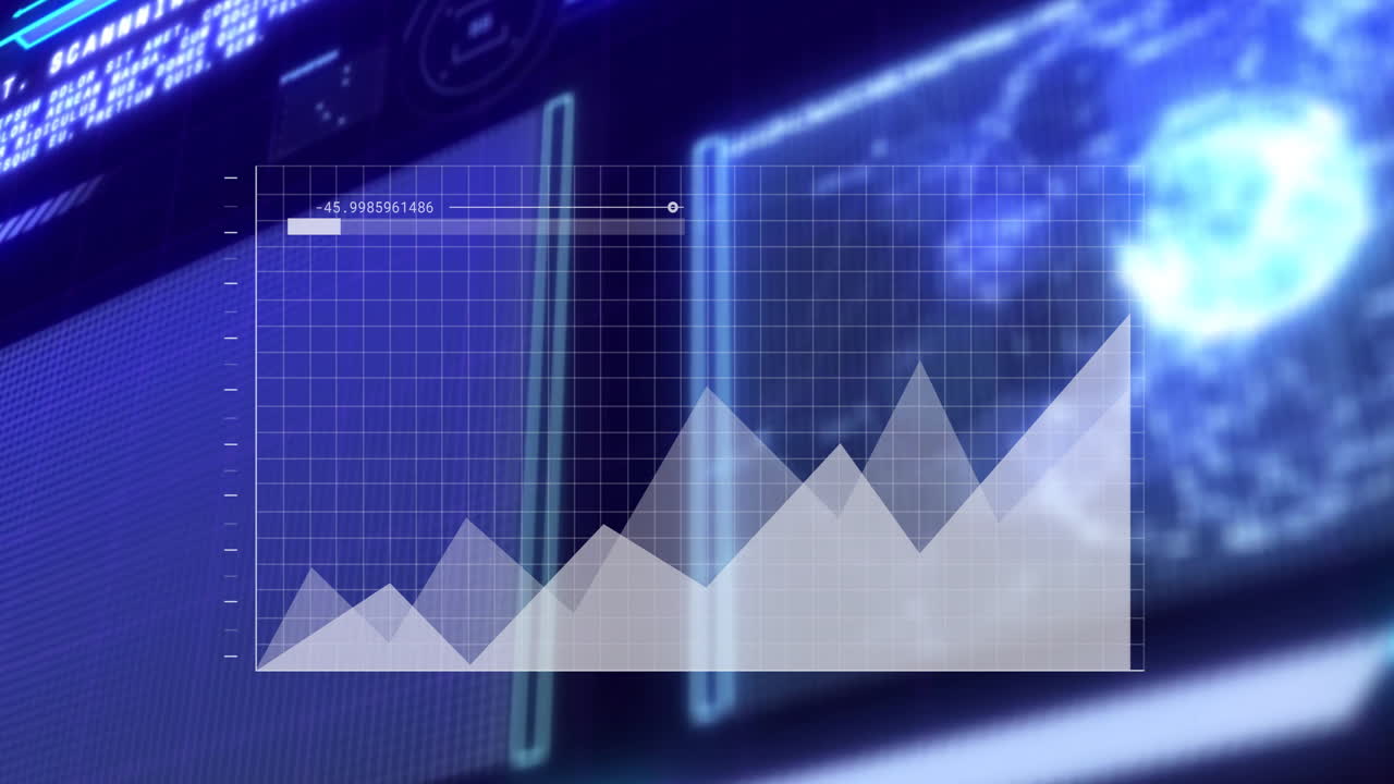 Animation of financial analytics data points rising on digital screens