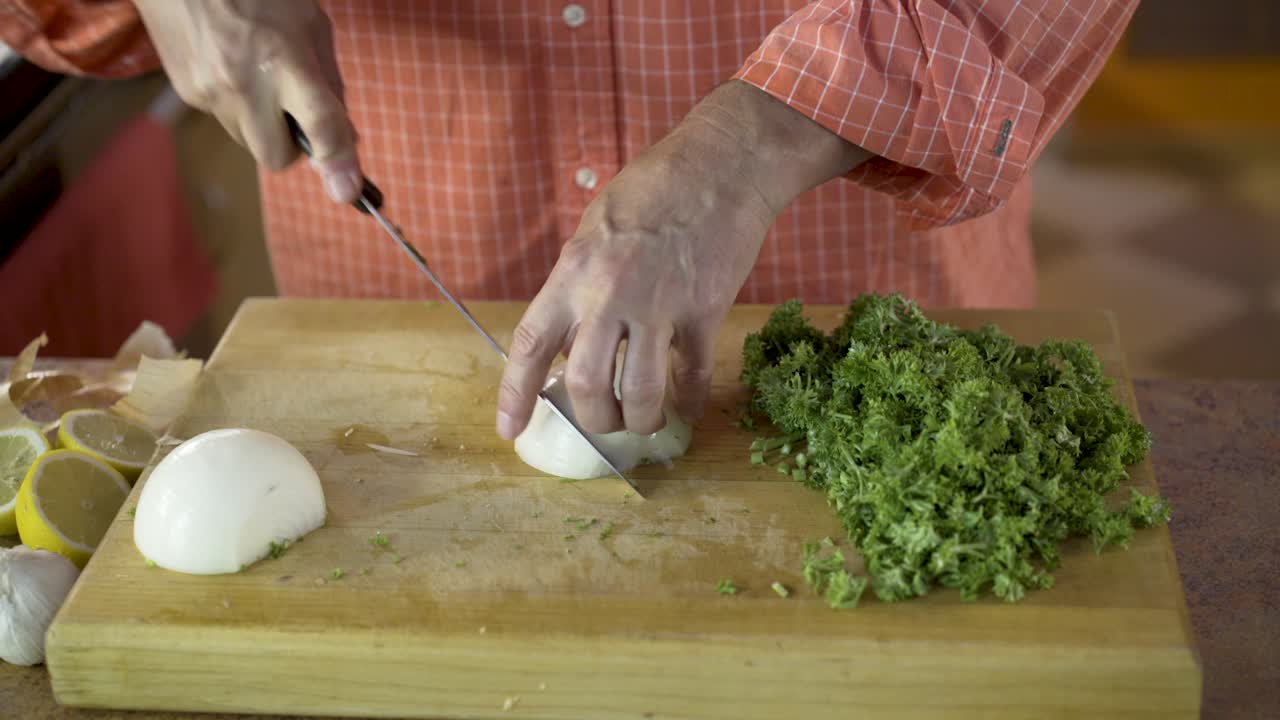 Cutting onions and parsley