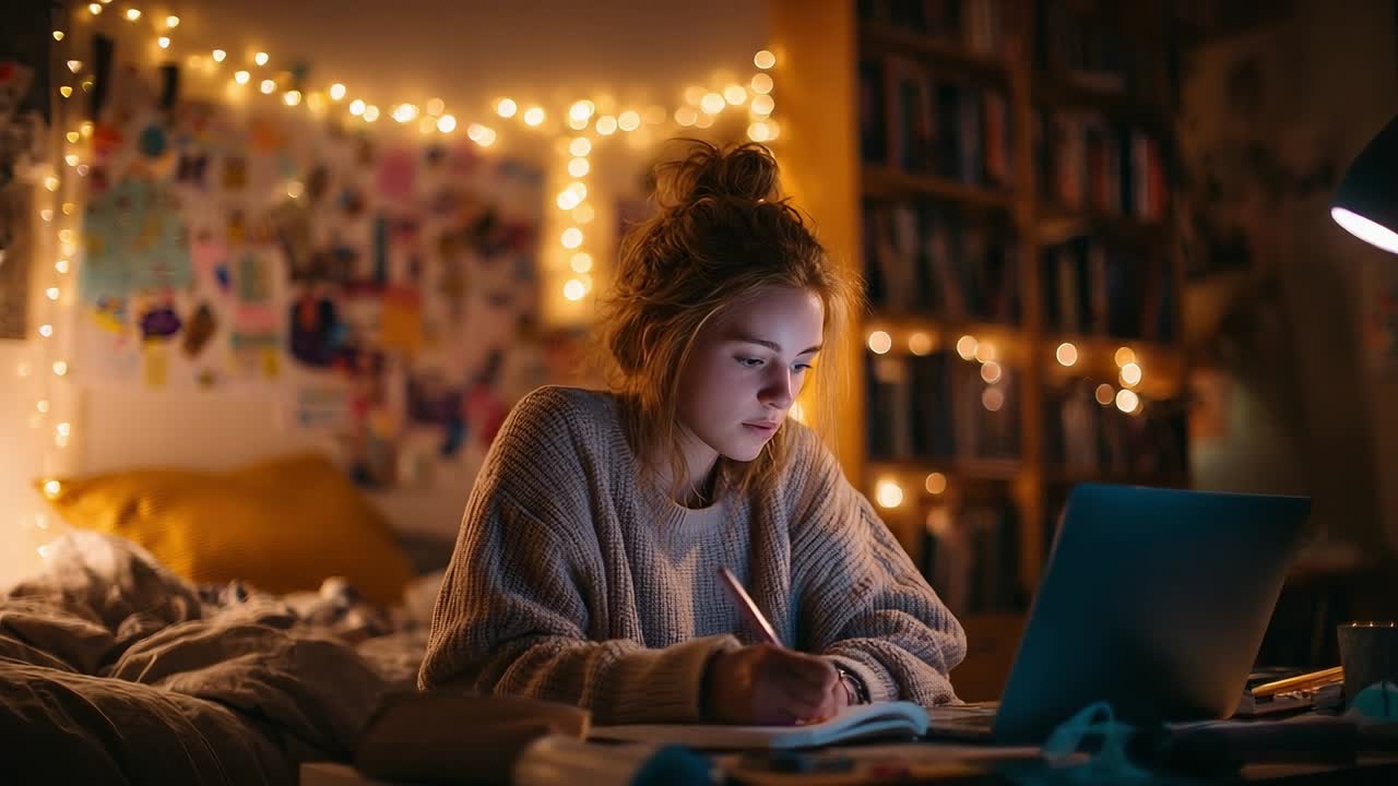 Study session in a cozy bedroom with warm lighting and soft decor