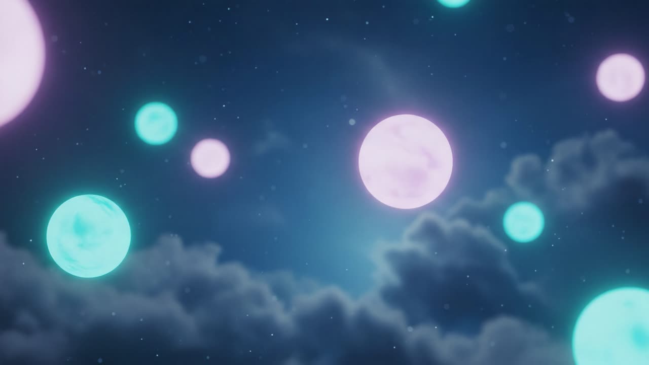 A Dreamy Celestial Scene Featuring Various Colorful Moons Floating Amidst a Starry Sky and Wispy Clouds, Evoking a Sense of Wonder and Imagination