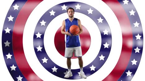 Portrait-of-caucasian-male-basketball-player-holding-a-ball-against-stars-on-spinning-circles