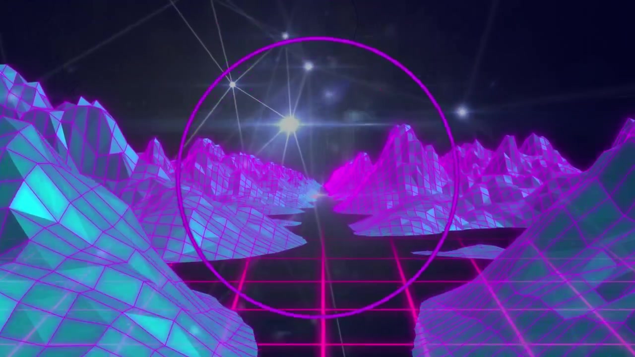 Digital animation of purple round scanner and network of connections against 3d mountain structures