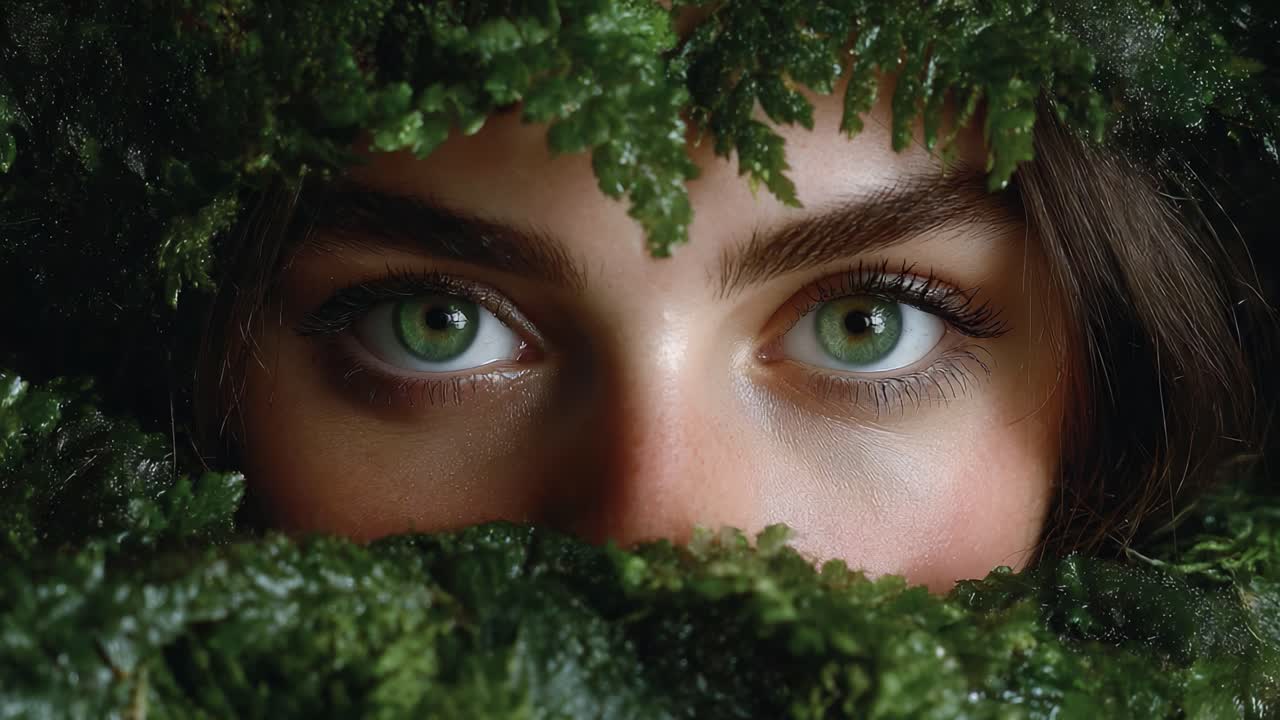 A Captivating Glimpse: The Striking Beauty of Enigmatic Green Eyes Framed by Lush Ferns, Evoking Nature's Mystique and Connection