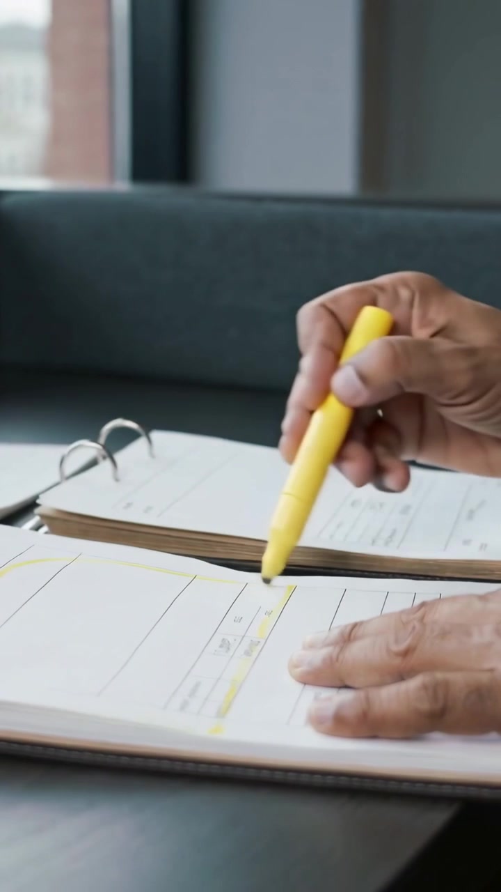 Video verticale: Inizio revisione, mani che segnano moduli alla scrivania con un evidenziatore giallo, polsino blu visibile