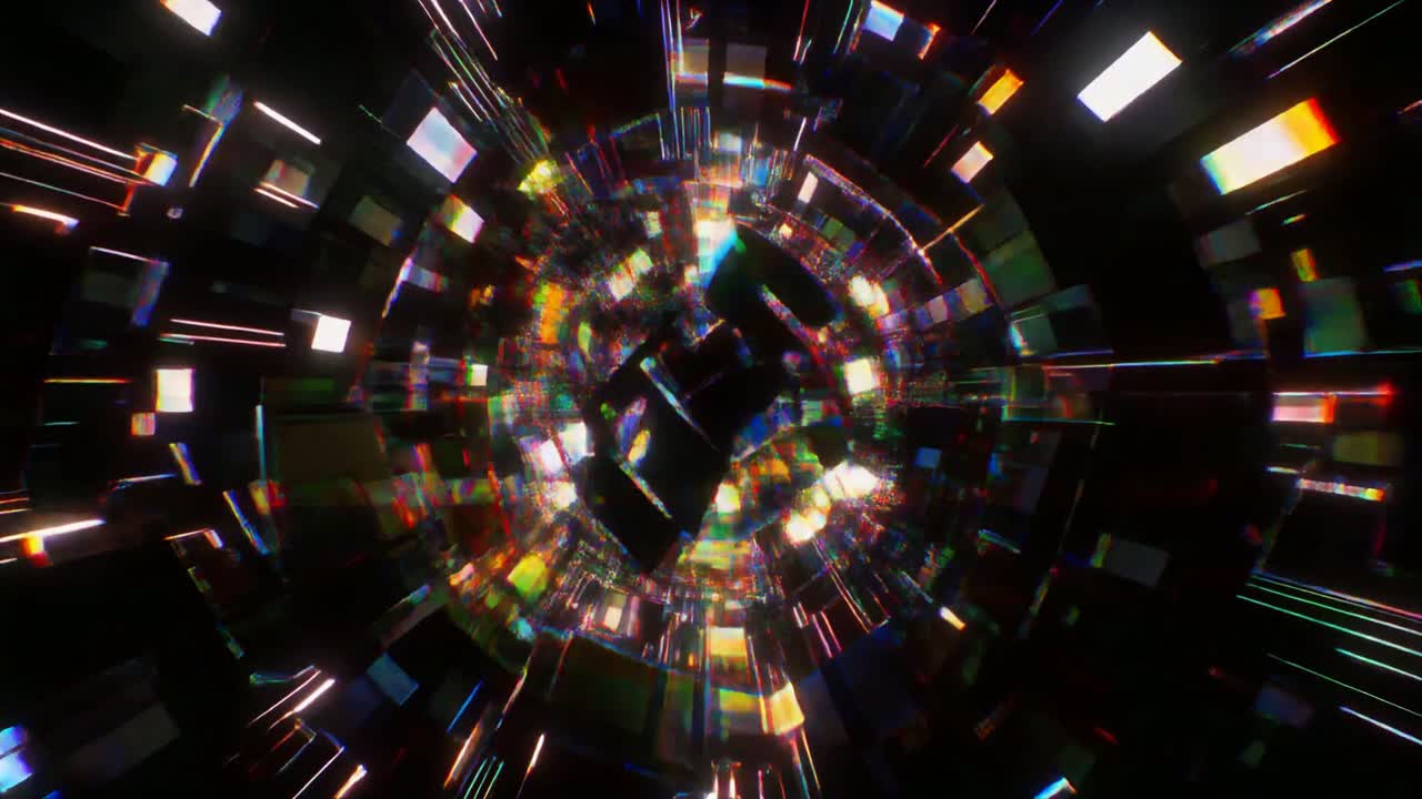 Tunnel glitch astratto e colorato in loop.