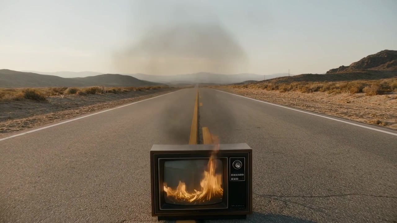 Spark igniting vintage CRT TV burning on desert highway, emitting flames and dark smoke
