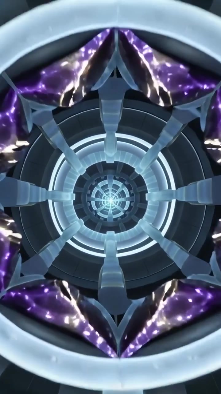 Video verticale: Rotazione iniziale con zoom di un tunnel virtuale ad anelli, che rivela un nucleo luminoso e raggi viola.