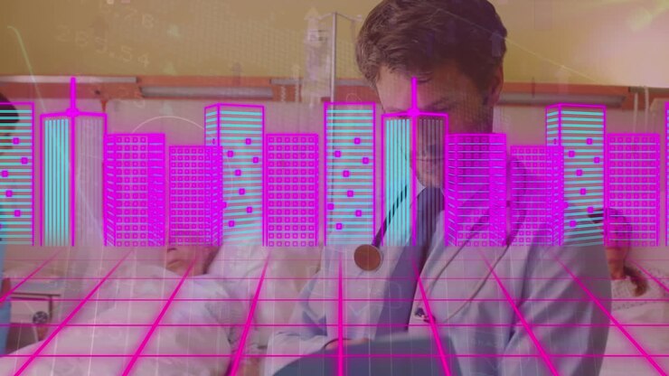 Animation of arrows and cityscape over caucasian male doctor