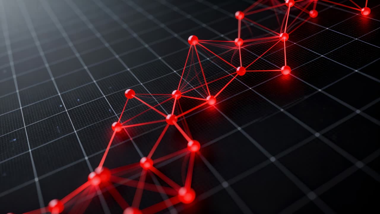 Panning camera revealing red glowing node chain and thin luminous lines on dark grid, focusing