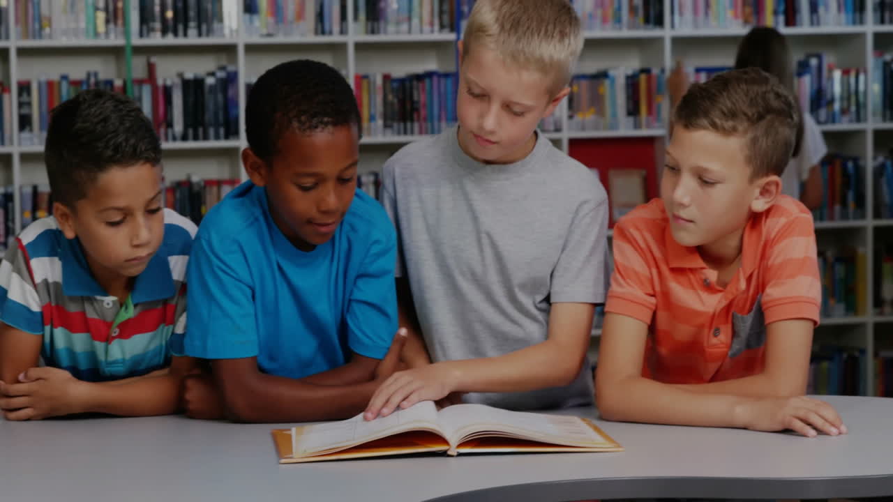 In school library, children reading book together with animation text overlay