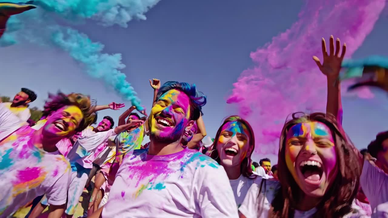 Video vivace di un festival che riprende persone gioiose coperte di polvere colorata.