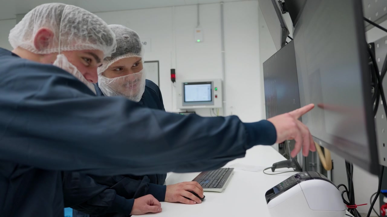 Due studenti universitari di ingegneria in DPI per camera bianca esaminano i dati di produzione e ispezione su monitor di computer. Lavoro di squadra nella formazione di laboratorio per il controllo qualità, l'automazione e la ricerca