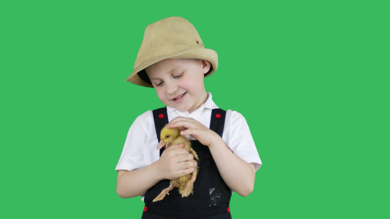 un niño alegre acariciando a un pequeño pato bebé sobre un fondo verde.