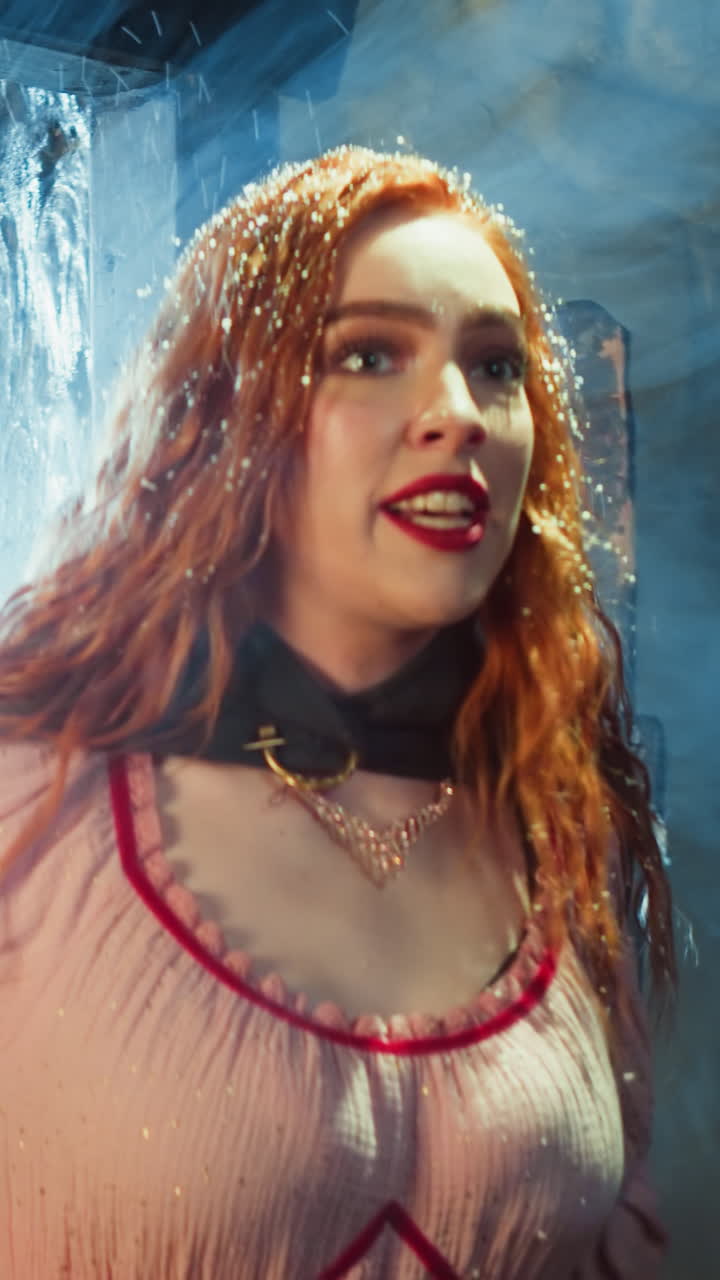 una mujer asustada con el cabello suelto se rompe en la taberna en la noche de invierno. una joven dama emocionada corre a través de la puerta rústica para informar noticias terribles en el pub. escena de cuento medieval