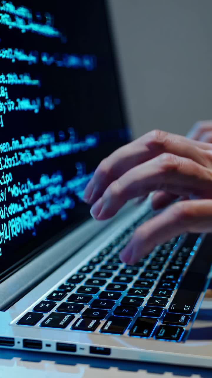 Close-up video of hands typing on a laptop keyboard with code on screen, shot from a side angle
