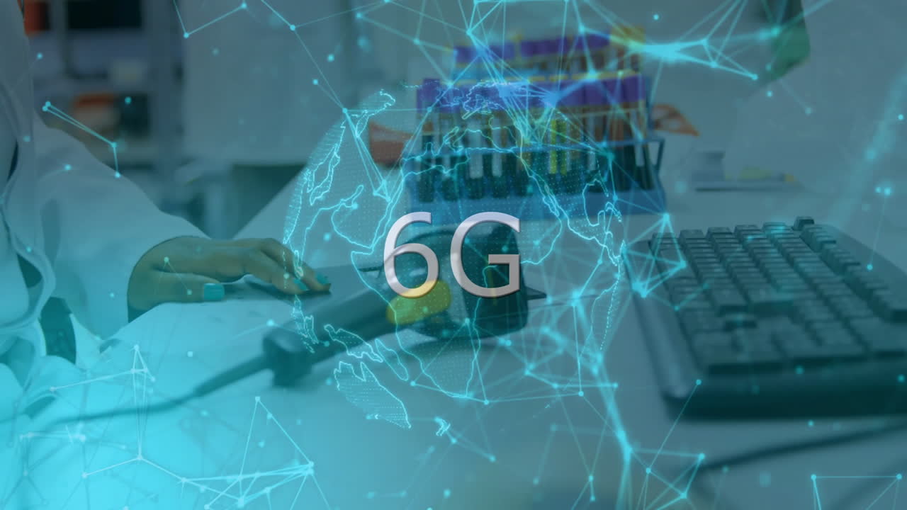 6G technology text animation over person working with computer and scanner