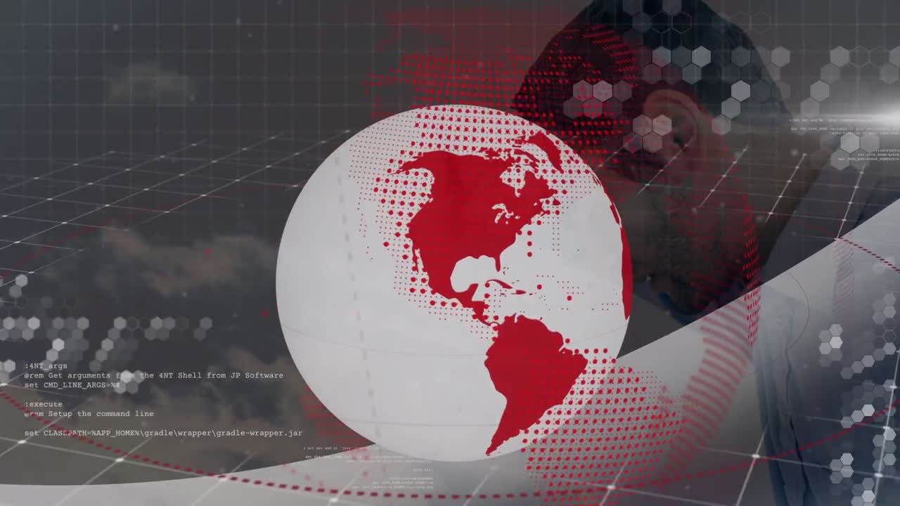 animación de datos y globo sobre cansado hombre de negocios caucásico