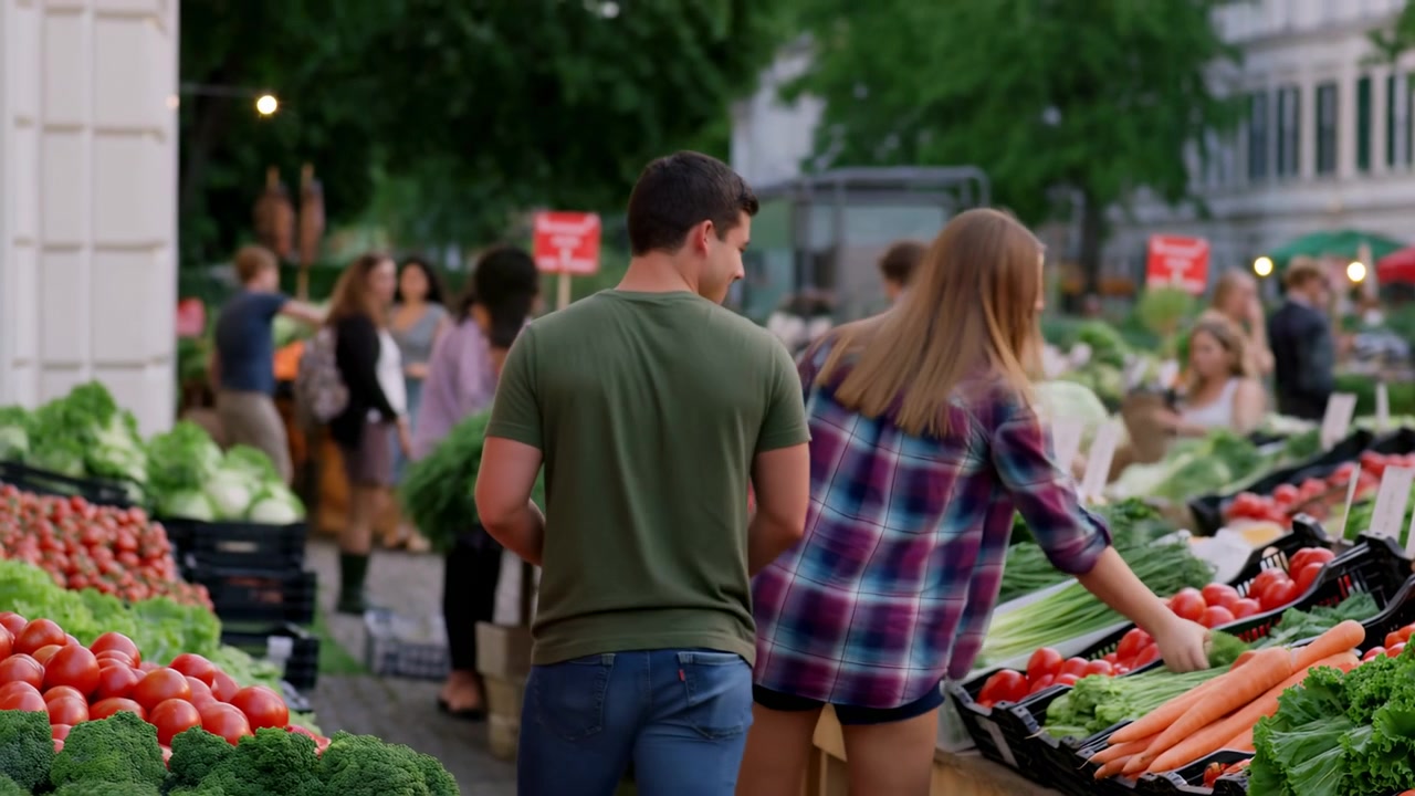 Iemand wordt gezien terwijl die winkelt en interactie heeft met verkopers op een levendige lokale buitenmarkt. De scène vangt een informele en sociale sfeer, gezien vanuit een over-de-schouder perspectief.