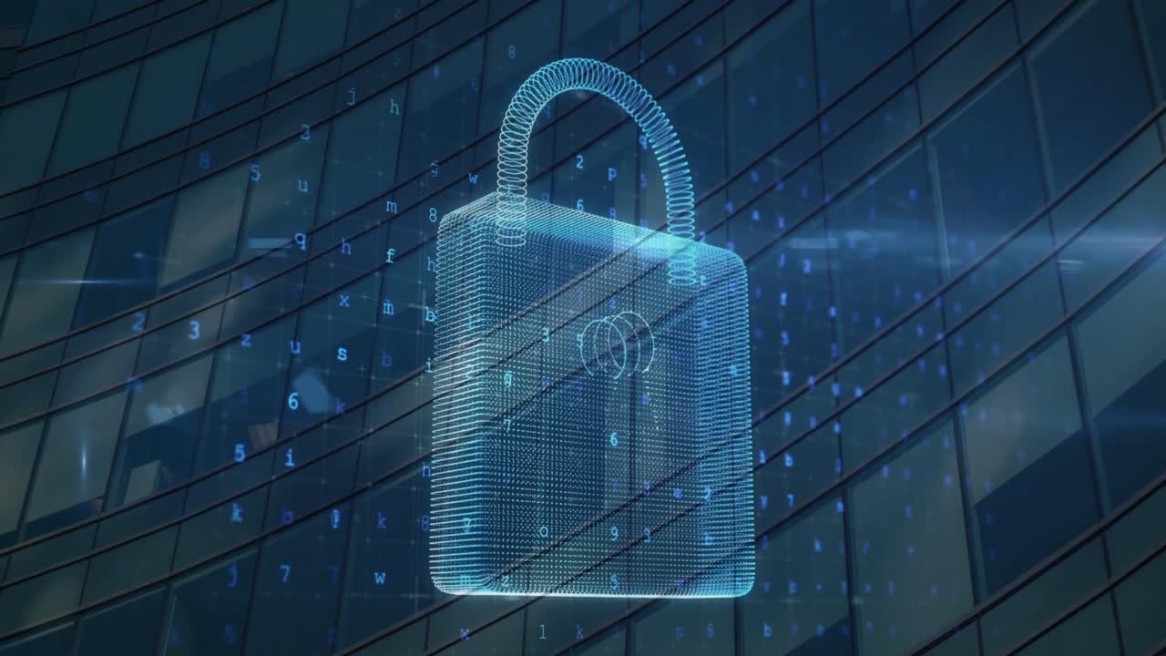 Animation of security padlock over cityscape