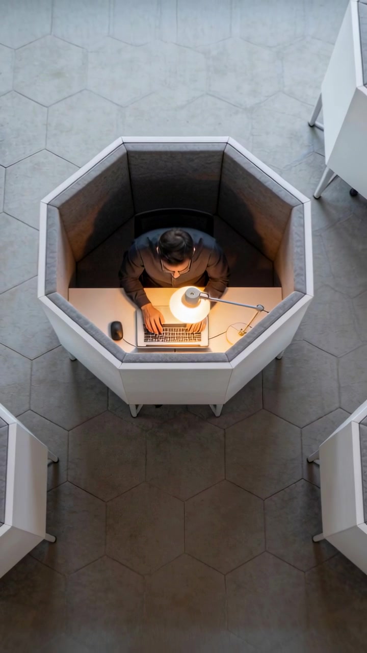 Video vertical: Hombre empezando a trabajar escribiendo con abrigo oscuro en una laptop con ratón en una cabina de oficina con lámpara