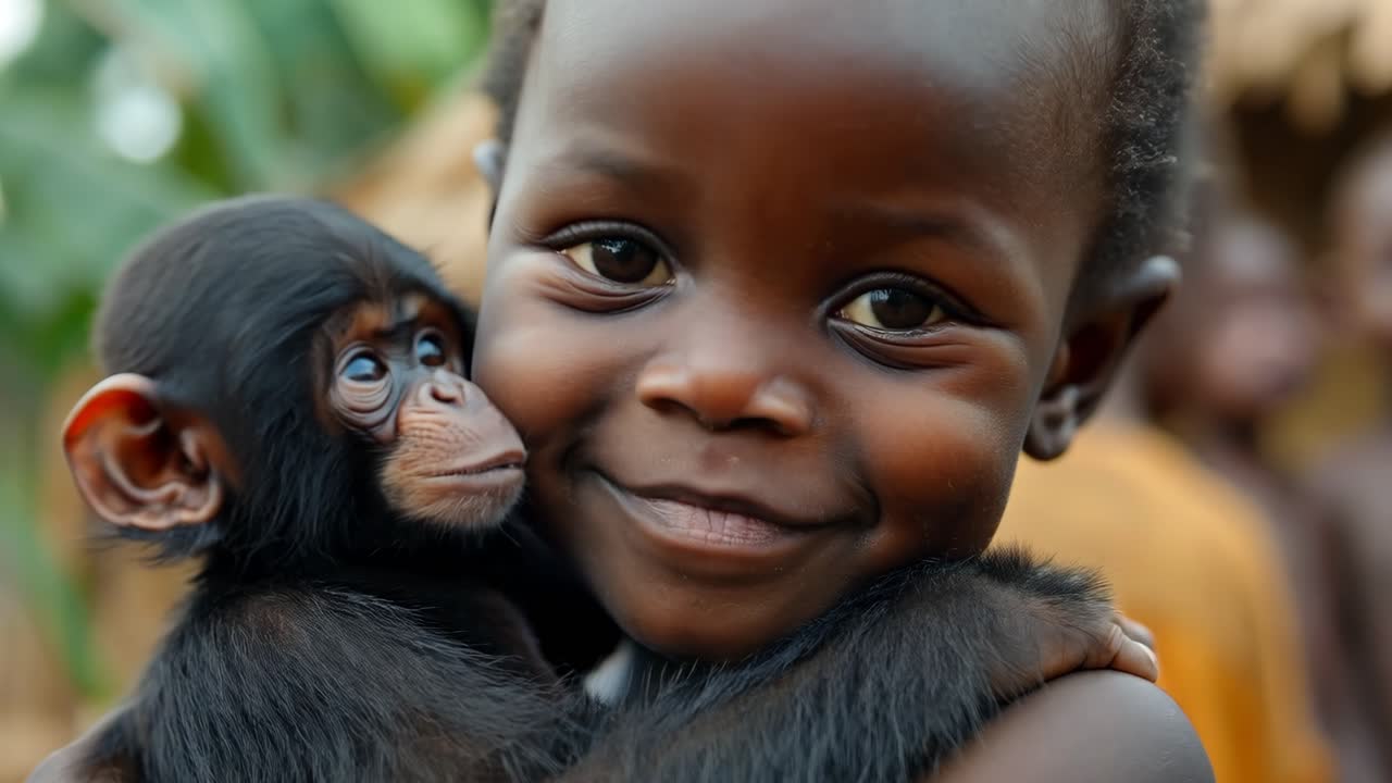A young child is holding a baby monkey. The child is smiling and he is happy. Concept of warmth and joy, as the child and the monkey share a special bond