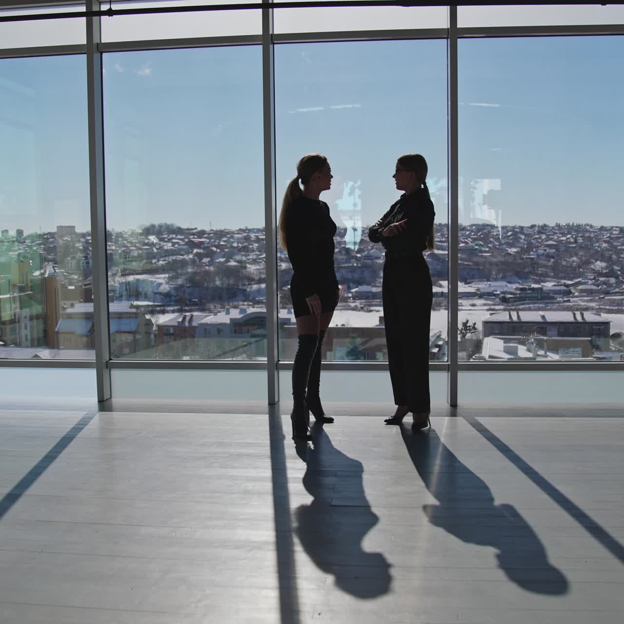 Due colleghe in piedi davanti a una finestra panoramica in un ufficio spazioso. Donne che discutono di problemi durante una pausa dal lavoro. Panorama della città sullo sfondo