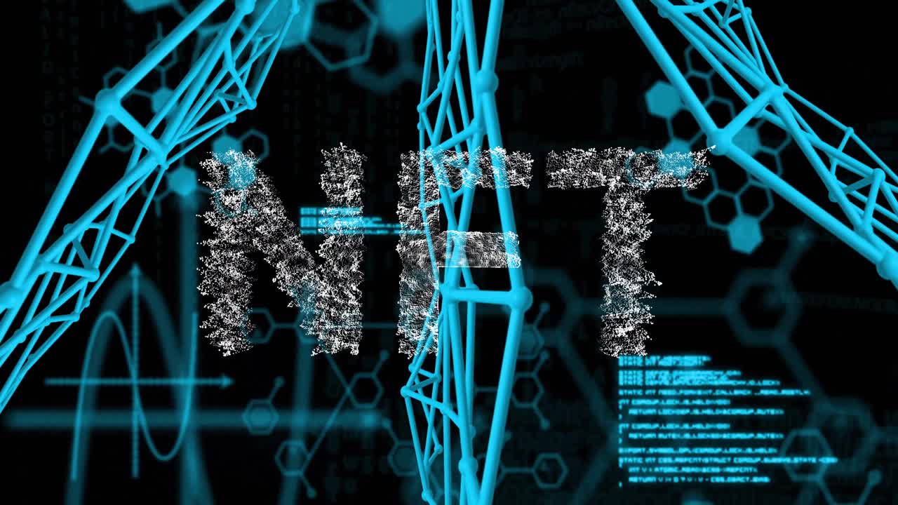 NFT letters being visualized in dark network, with wireframe lattice, hex patterns, code overlays