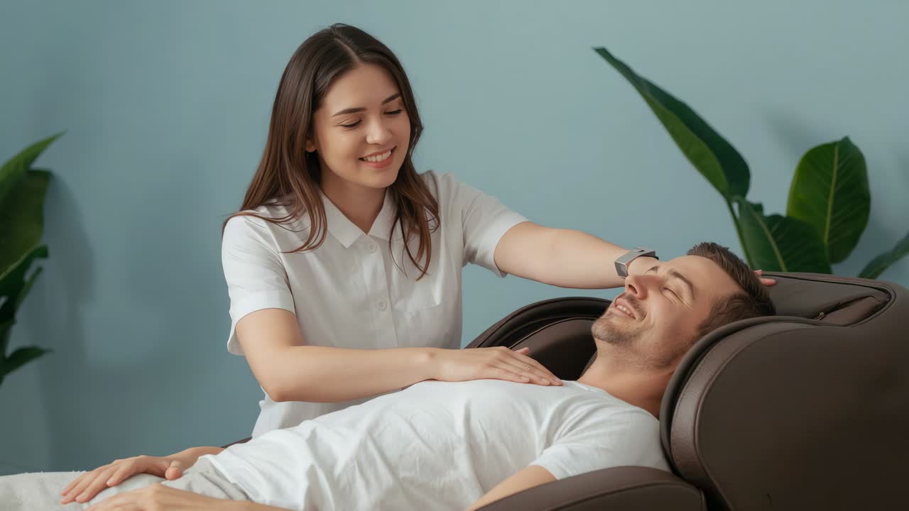 Placing hand on head, Asian therapist in white shirt calming client in spa-room on massage chair