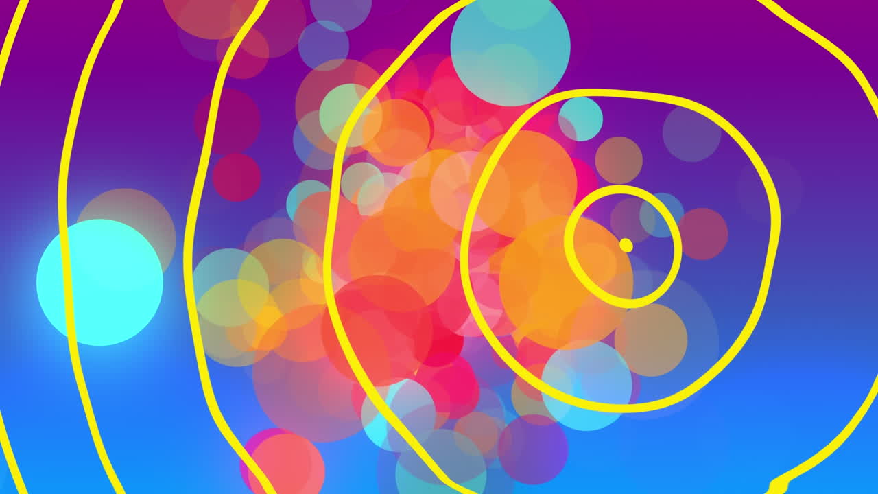 파란색 배경에 있는 다채로운 반점과 원의 애니메이션