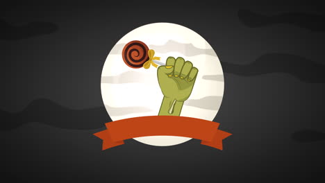 feliz celebración de halloween con la mano de sombie y dulces