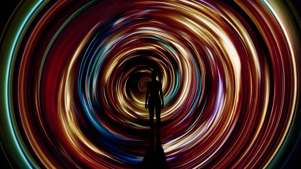 silhouette of person walking inside glowing tunnel