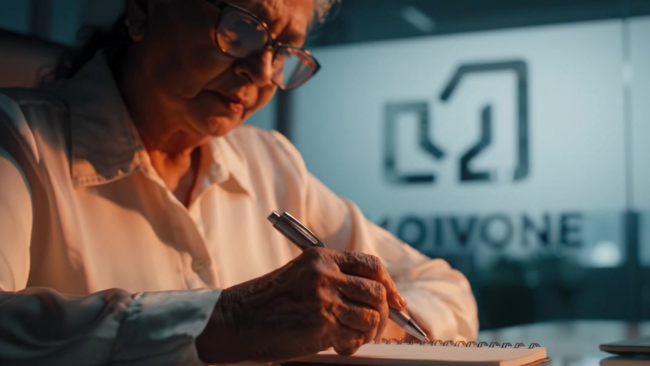 A thoughtful elderly woman engaging in writing with a pen while seated at a desk, symbolizing reflection, creativity, and the passage of time in a serene office environment.