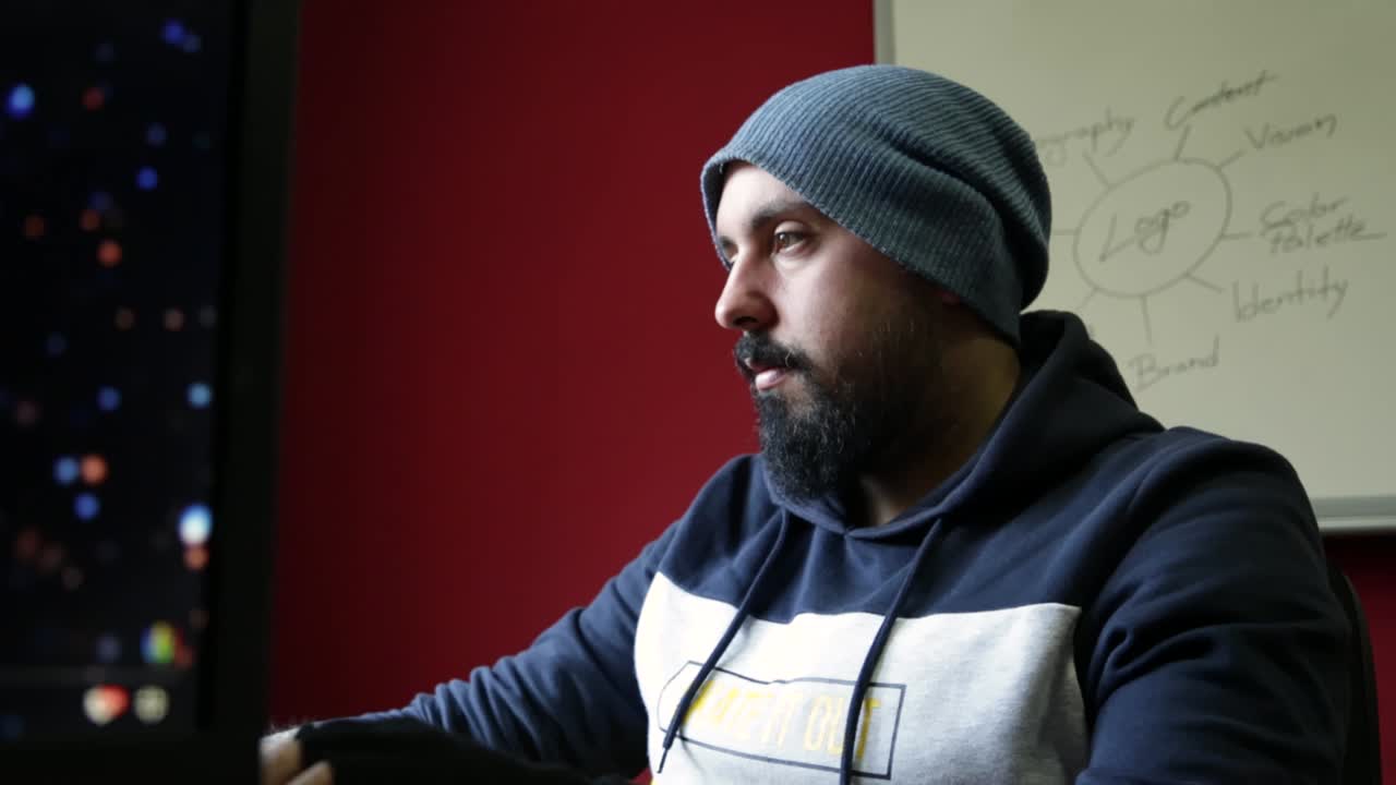 concepto de diseñador gráfico profesional joven elegante hombre que trabaja en la oficina sentado y usando una computadora en el interior, disparo medio