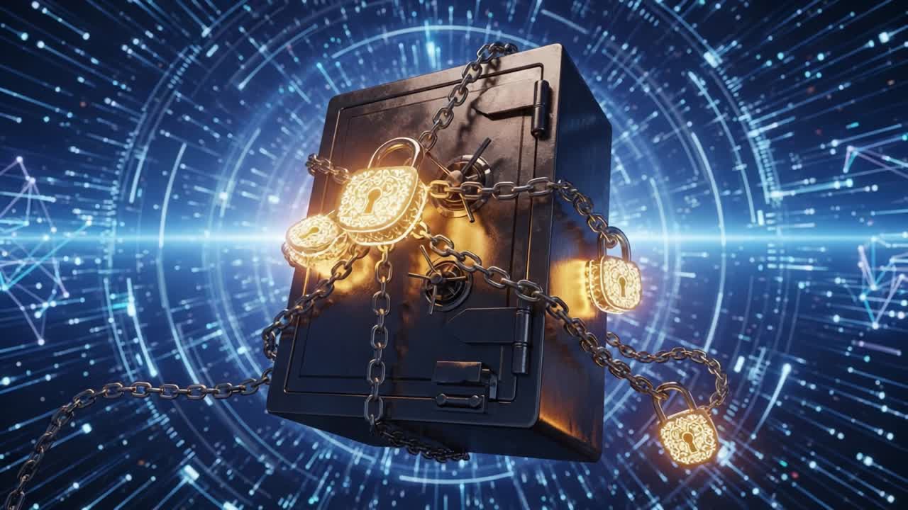 A High-Tech Safe Surrounded by Illuminated Locks and Chains, Set Against a Digital Background Illustrating Connectivity and Security Challenges in Modern Encryption