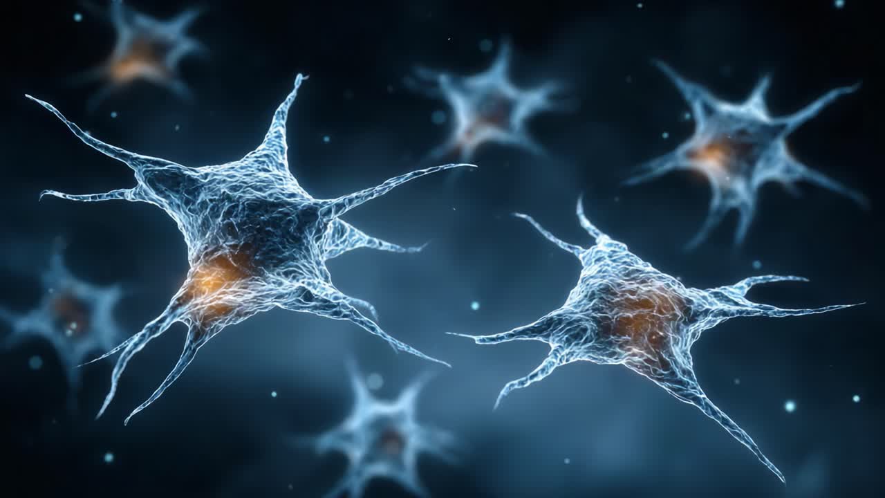 A Microscopic View of Neurons: Vibrant Cell Structures Illuminated with Neural Activity Highlights in a Dark Background