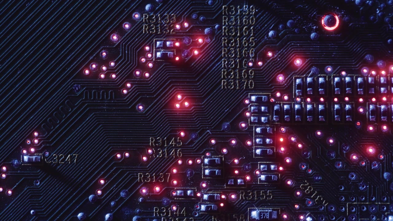 Macro shot of a circuit board with special lightning, moving lights, very moody, atmospheric, making it very sci-fi, futuristic.
