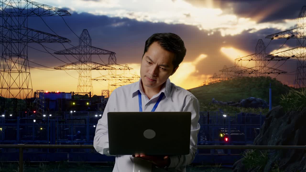 Asian Male Professional Worker Standing With His Laptop Near High Voltage Tower, Industrial Facility, Work Continuously