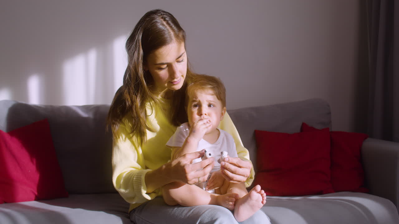 Woman Holding Her Son On Her Lap While Sitting On The Sofa In The Living Room And Playing With Him With Animal Toys 1