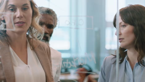 business people using sticky notes brainstorming team leader woman working with colleagues writing on glass whiteboard showing problem solving strategy in office meeting
