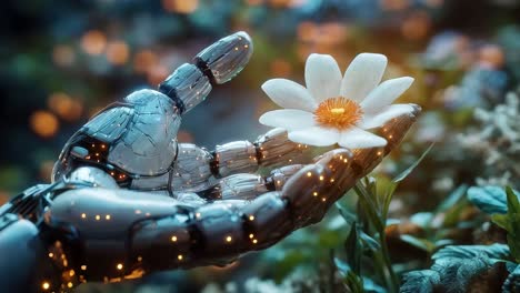 robot hand holding a flower