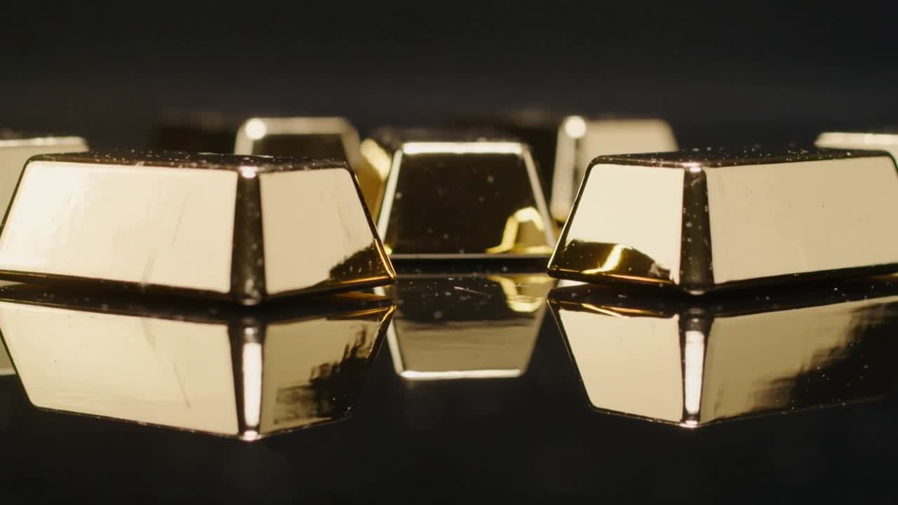 La telecamera si allontana rivelando piccoli lingotti d'oro su un tavolo nero lucido, mostrando chiari riflessi.