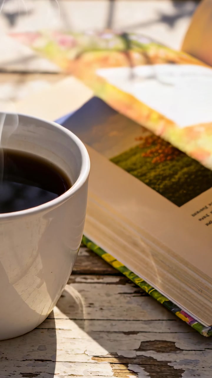 Vertical video: Sitting coffee cup beside open book in yard, breeze lifting pages showing landscape