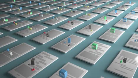 renderización 3d del fondo con los símbolos como, pulgar hacia arriba, mensaje recibido, correo electrónico recibido a través de teléfonos móviles. el concepto de una red social. animación cíclica.