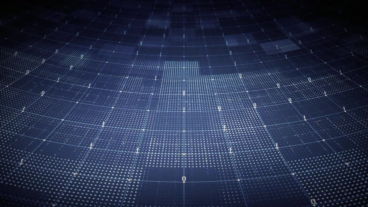 Animated Digital Grid with Binary Code and Data Flow