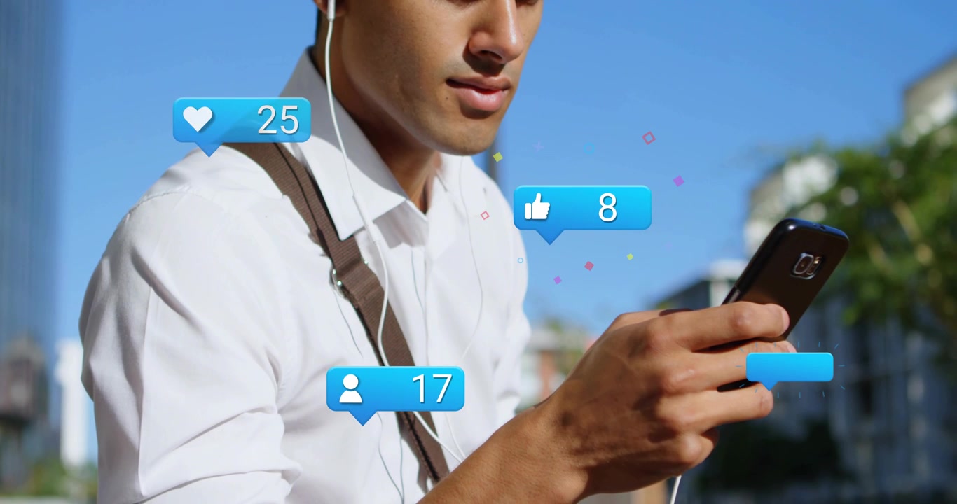 Man checking phone on street, chat bubble appearing, blue icons popping near chest tracking ads