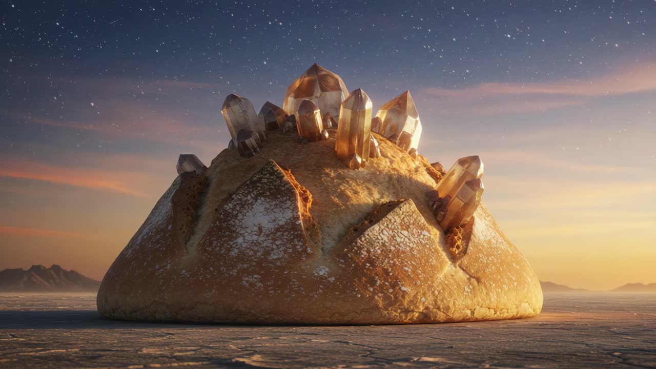 A Stunning Crystal-Draped Bread Loaf Against a Dreamy Horizon at Dusk, Blending Nature's Elements into a Unique Culinary Masterpiece