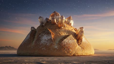 a stunning crystal-draped bread loaf against a dreamy horizon at dusk, blending nature's elements into a unique culinary masterpiece