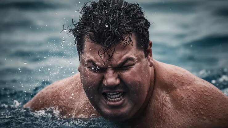 Breaking surface, shirtless man gasping and reacting to sudden shock in open sea with droplets